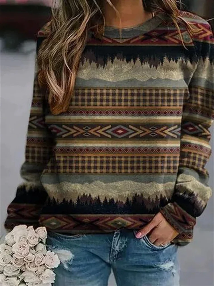 Women's Sweatshirt Aztec Geometric Forest Print Crew Neck Loose Sweatshirt