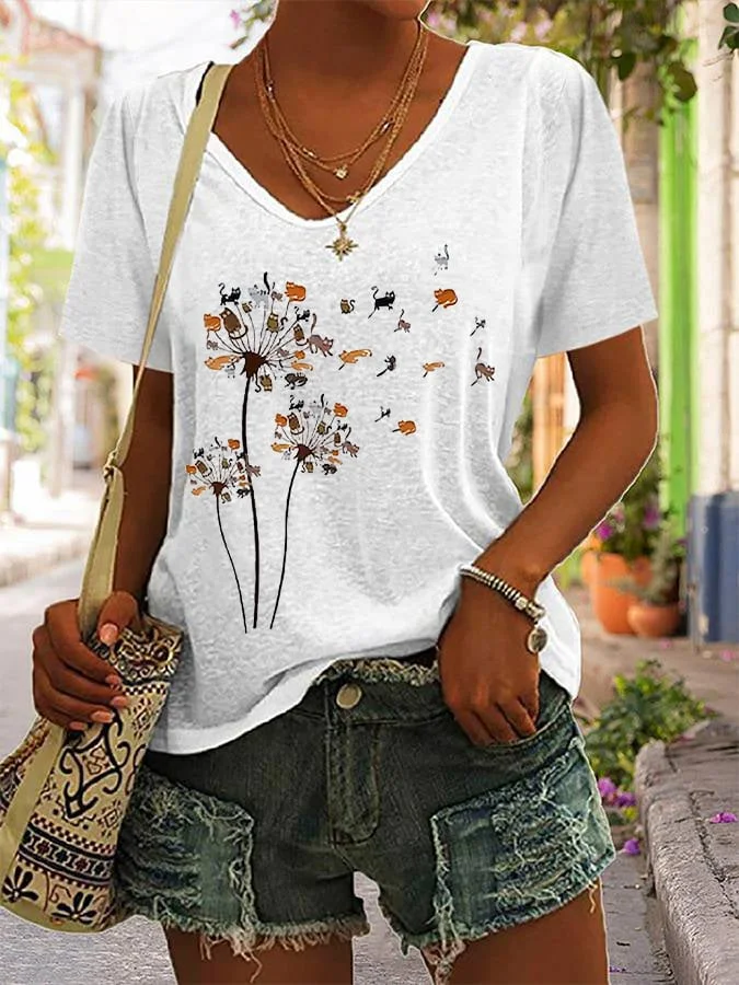 Women's Cats Flower Fly Dandelion Cute Cat Print V-Neck T-Shirt