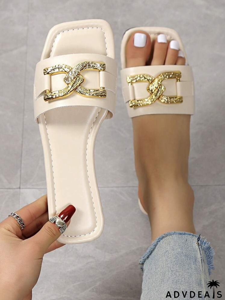 Fashionable Slide Sandals For Women, Metal Decor Single Band Flat Sandals
