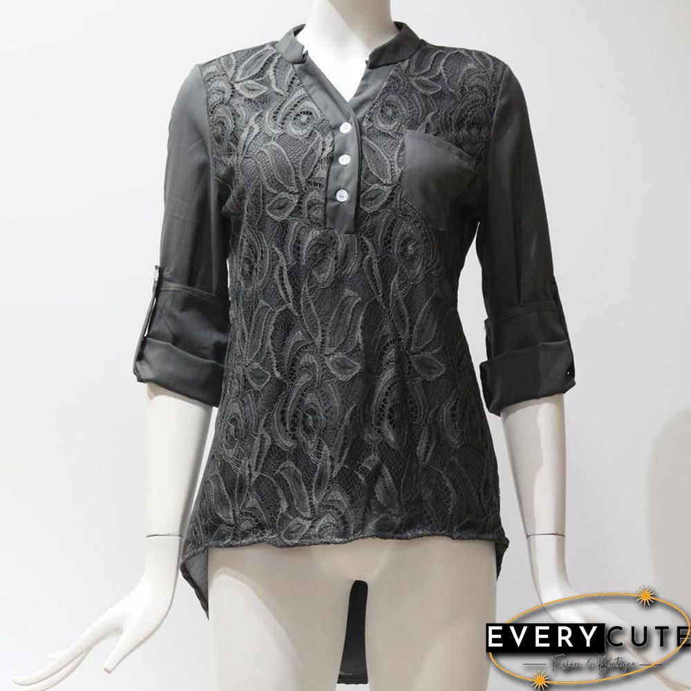 Lace Chiffon Blouses Shirts Women Casual Long Sleeve Tops Plus Size Blouses