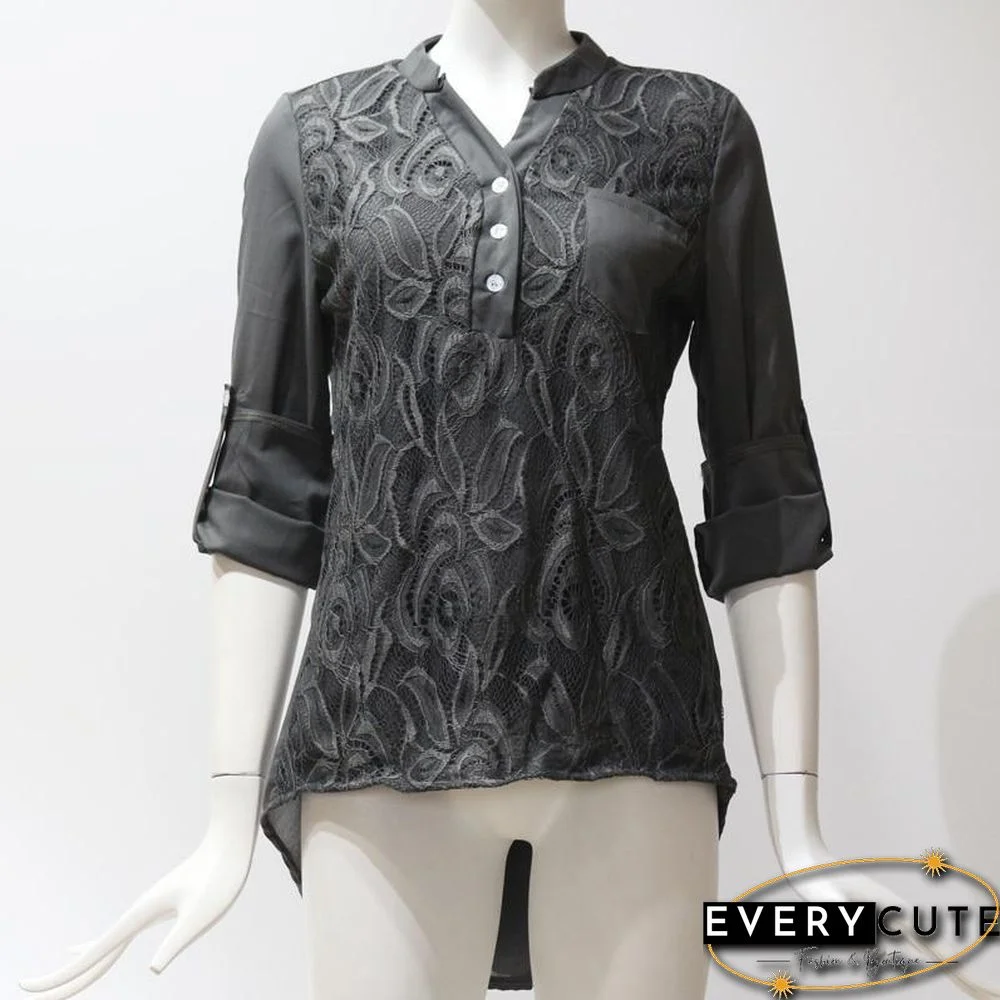 Lace Chiffon Blouses Shirts Women Casual Long Sleeve Tops Plus Size Blouses