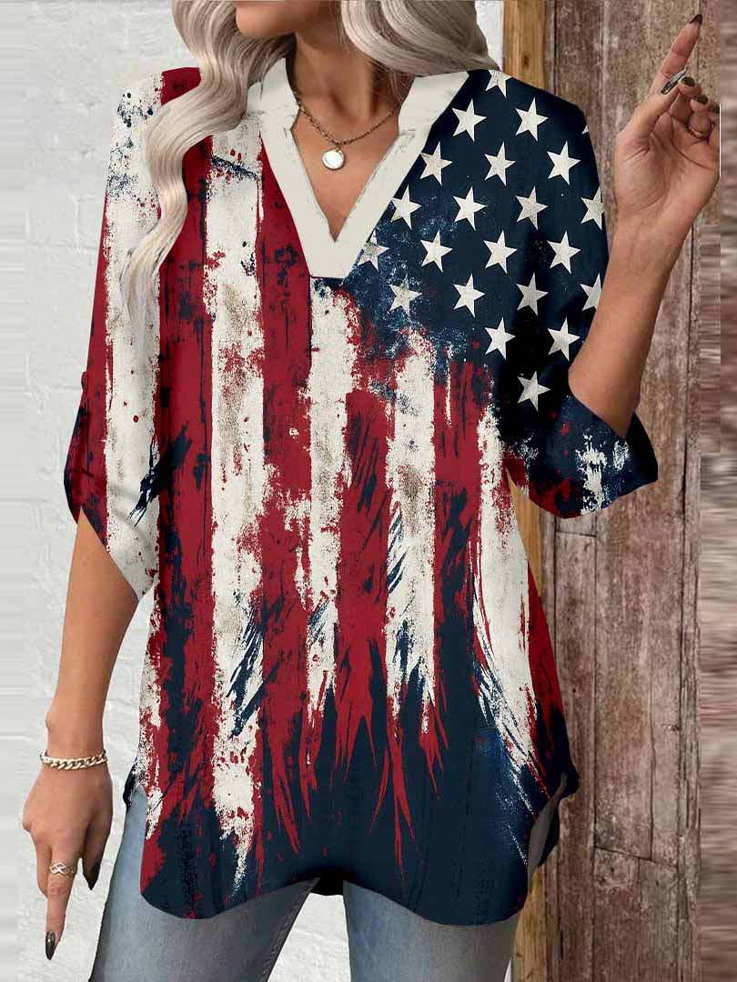 Women  Independence Day, Star, Striped, Blue, Red DZGA0241 3/4 Sleeve V-neck Printed Graphic Button Tops