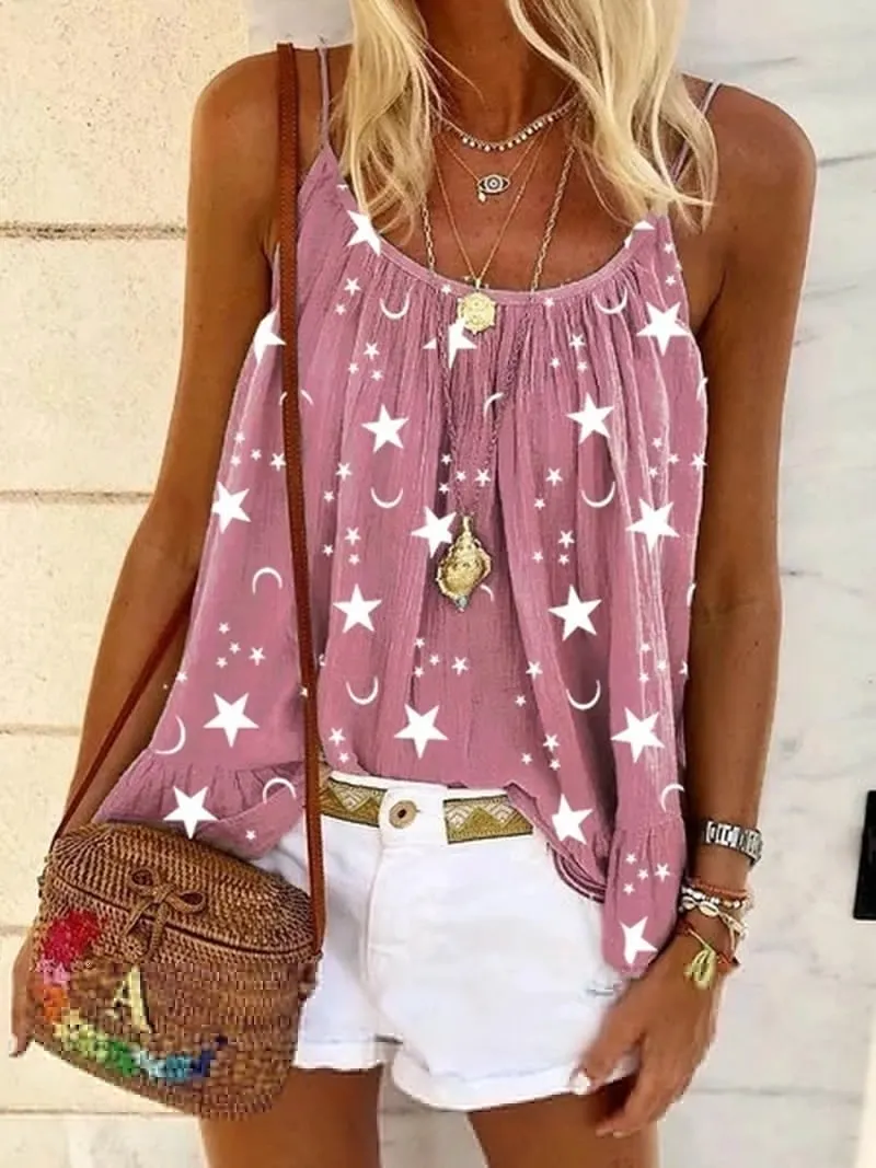Fashion Women's Loose Sleeveless Boho Print Cotton Casual Blouses & Shirts