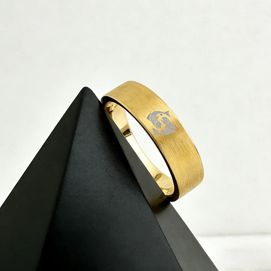 Pisces Tungsten Carbide Rings Gold Flat Wedding Band Comfort Fit Mens and Womens 4MM 6MM 8MM Width