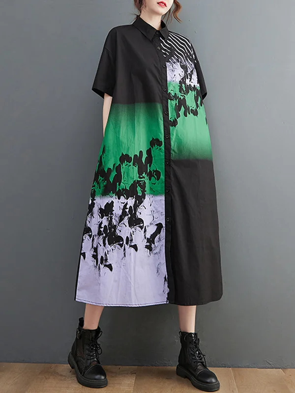 Loose Floral Printed Contrast Color Midi Shirt Dress