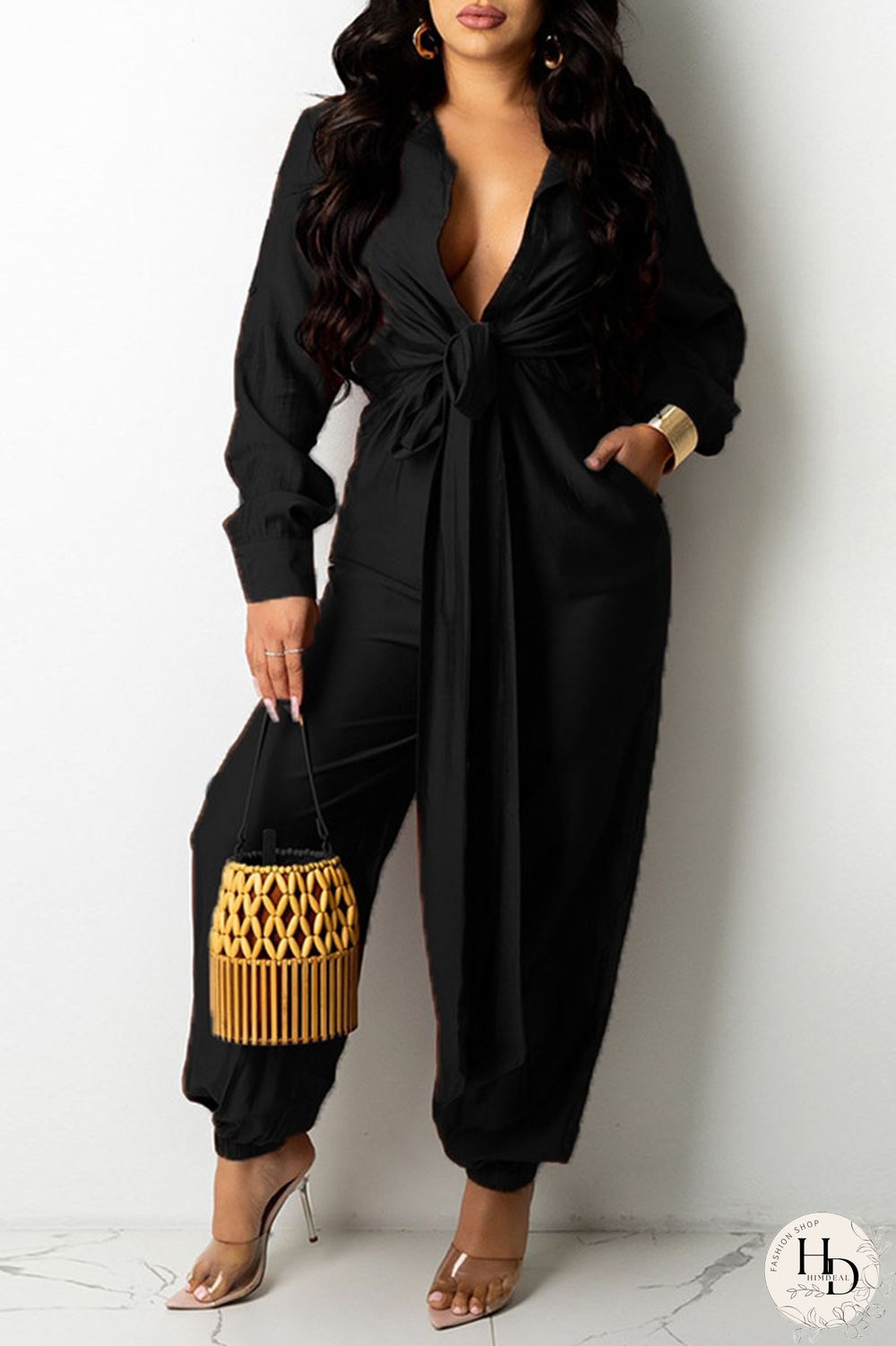Black Fashion Casual Solid Split Joint Turndown Collar Jumpsuits