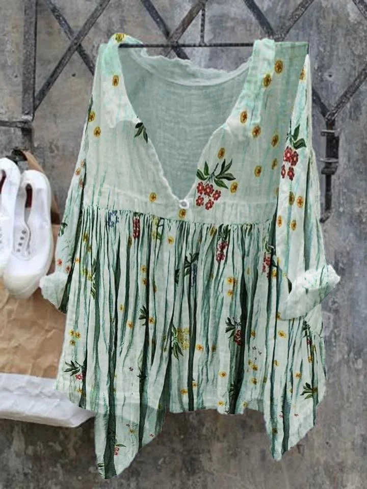 3/4 Sleeve A-Line Cotton-Blend Floral Shirts & Tops