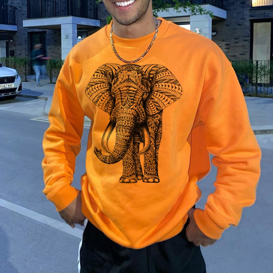 Mens Orange Elephant Print Long Sleeve Sweatshirt-barclient