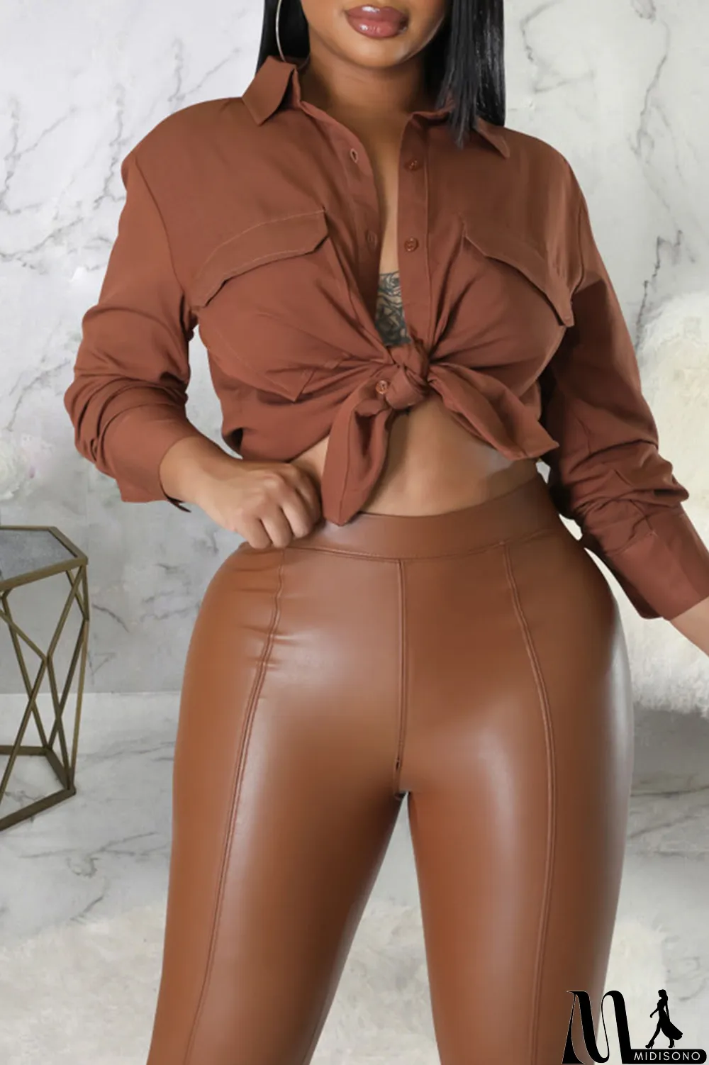 MidiSono - Brown Casual Solid Patchwork Buckle Turndown Collar Tops