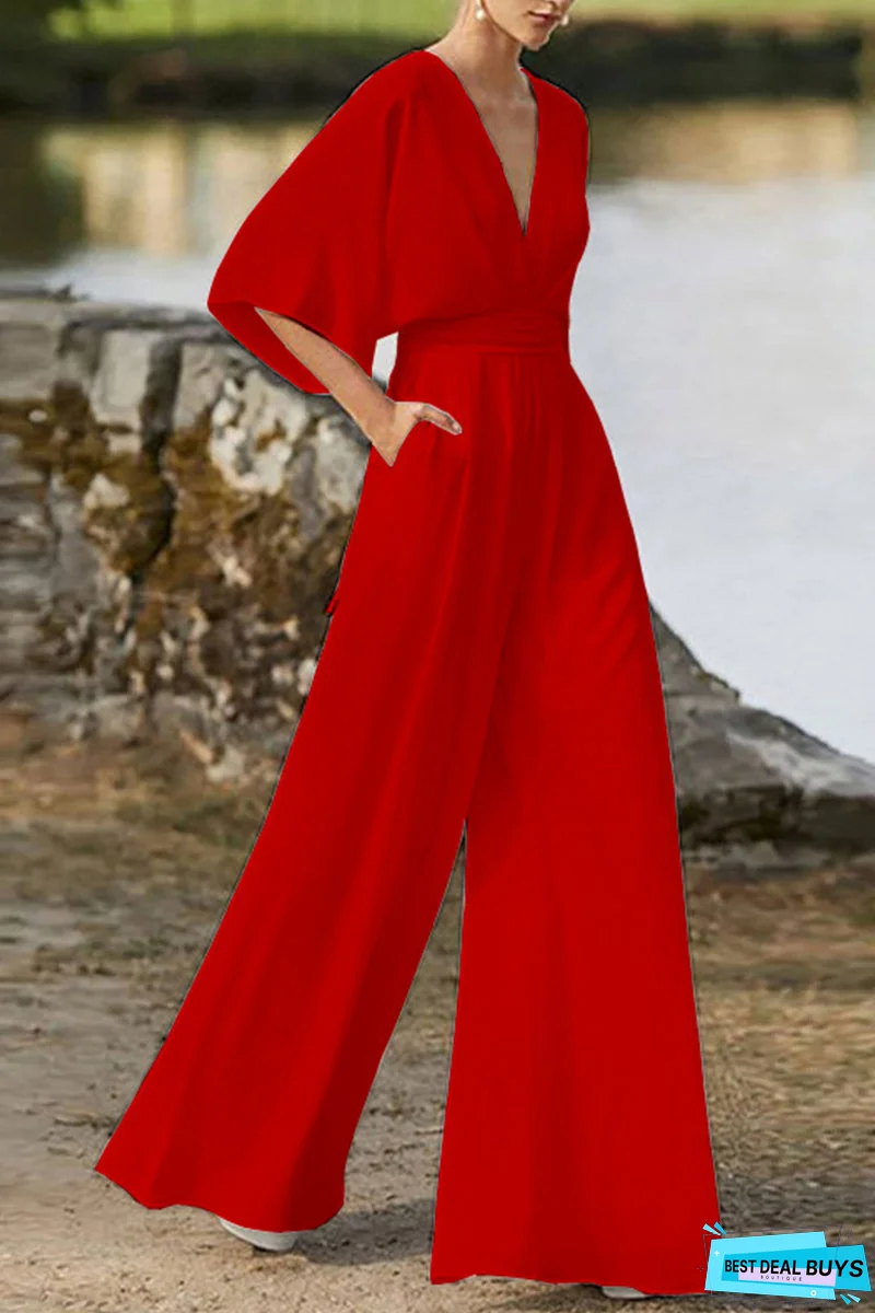Elegant Solid Solid Color V Neck Boot Cut Jumpsuits(7 Colors)