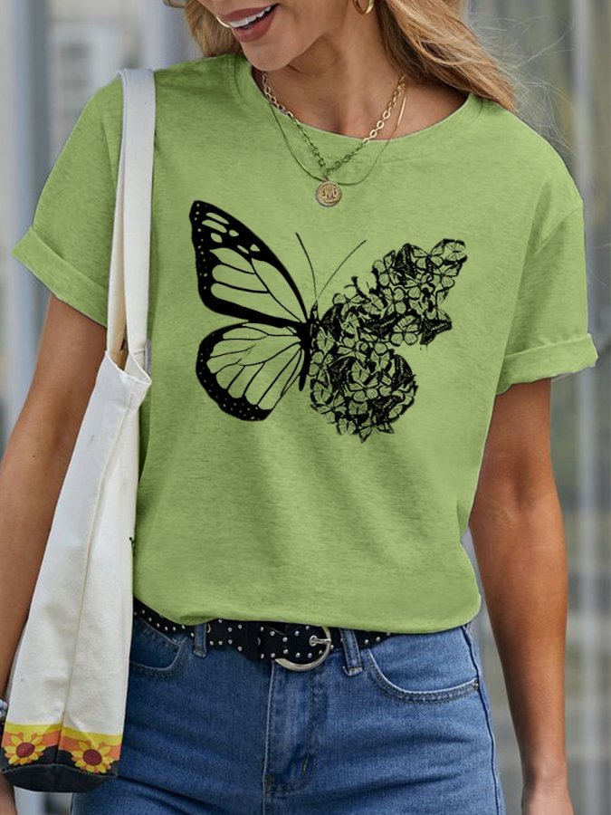 Women's Creative Patchwork Butterfly Print Crew Neck Short Sleeve Tee Shirt