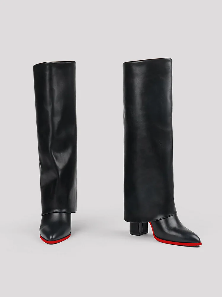 95mm Women's Fold Over Knee High Boots Chunky High Heels  Red Bottom Pointy Toe Long Boots Wide Calf Zip-on Boots