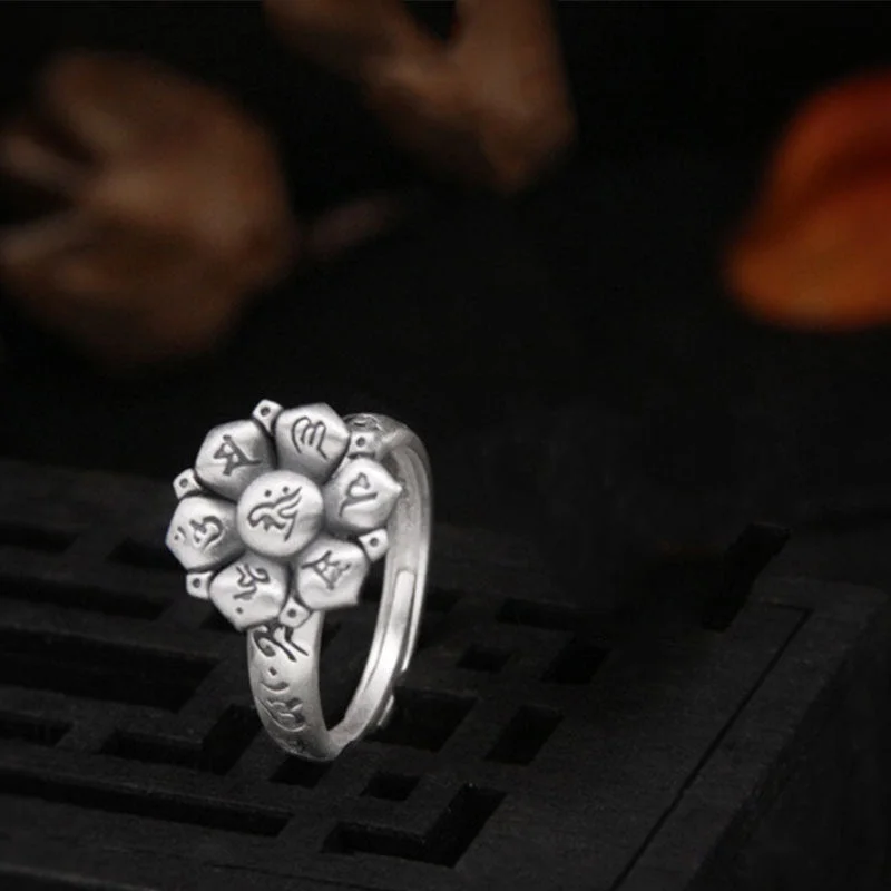 Om Mani Padme Hum Lotus 999 Sterling Silver Swastika Purity Rotatable Necklace Ring