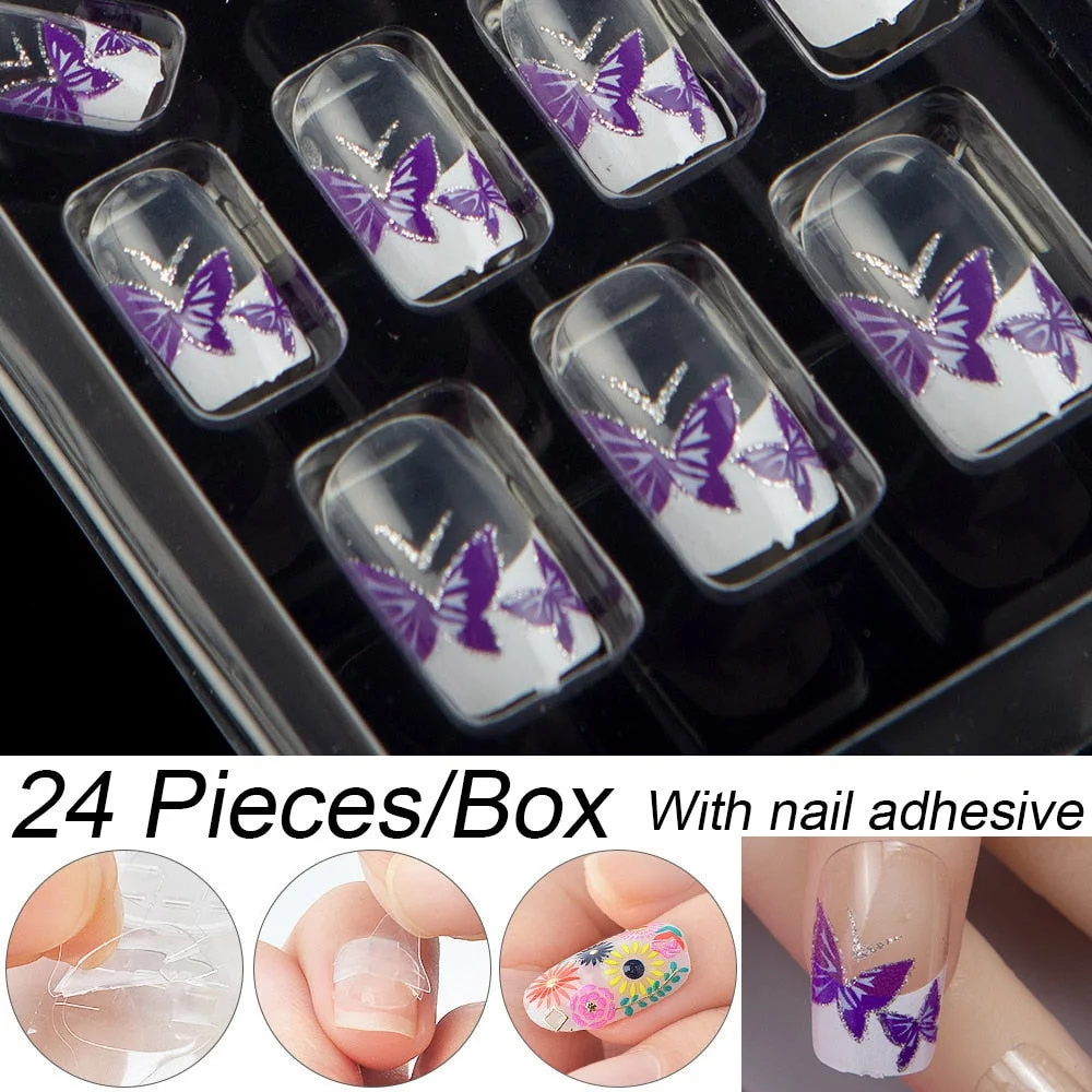 Fashion 24pc/set 10 Sizes Fake Nails Full Cover French False Nail Tips With Double-Sided Nail Adhesive Tab Press On Coffin Nail-Nail Inspo