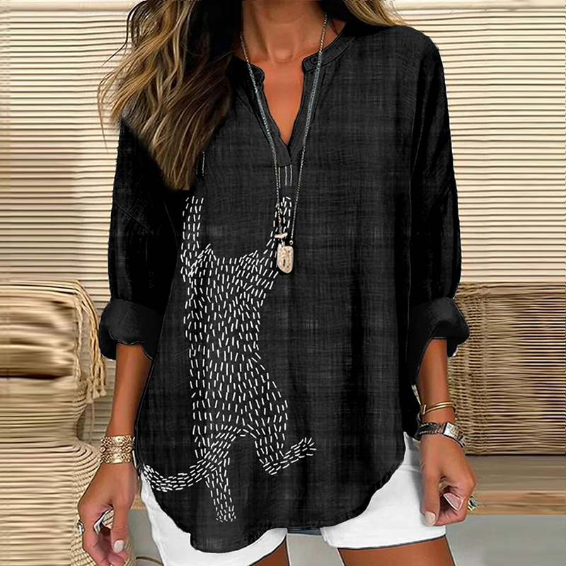 Comstylish Cute Sashiko Cat Japanese Art Cozy Linen Tunic