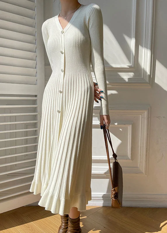 Chic Apricot V Neck Wrinkled Button Knit Sweaters Dress Fall