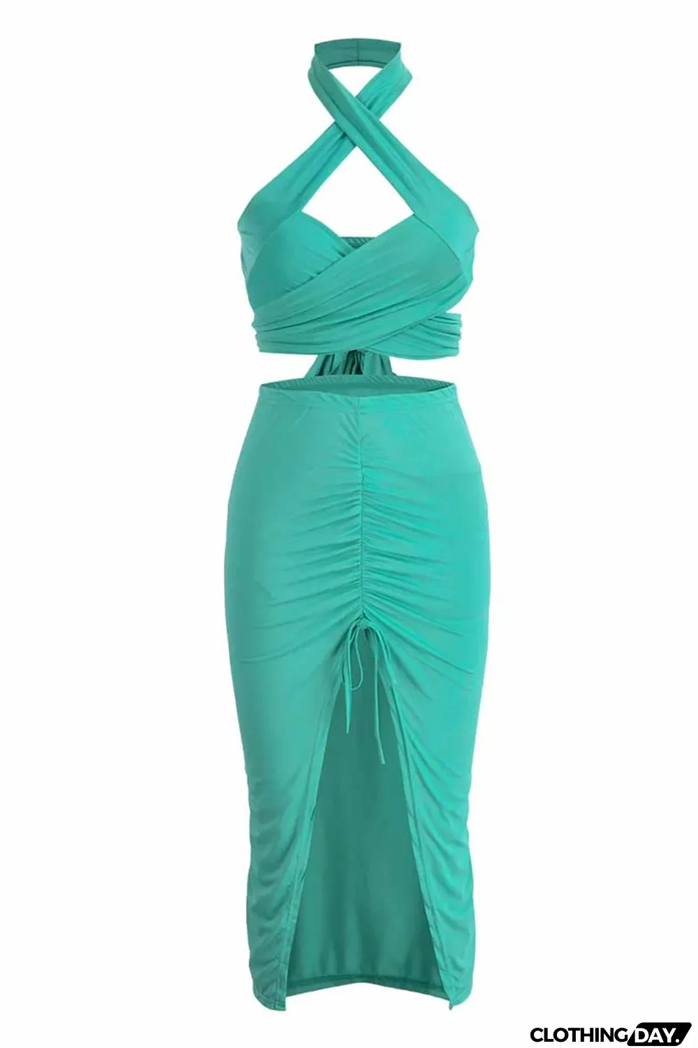 Green Fashion Street Print Patchwork Halter Sleeveless Two Pieces