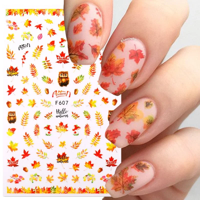 Maple Leaves Nail Stickers 3D Charms Flowers Yellow Gold Fall DIY Sliders Nail Art Decoration Autumn Adhesive Manicures Decals
