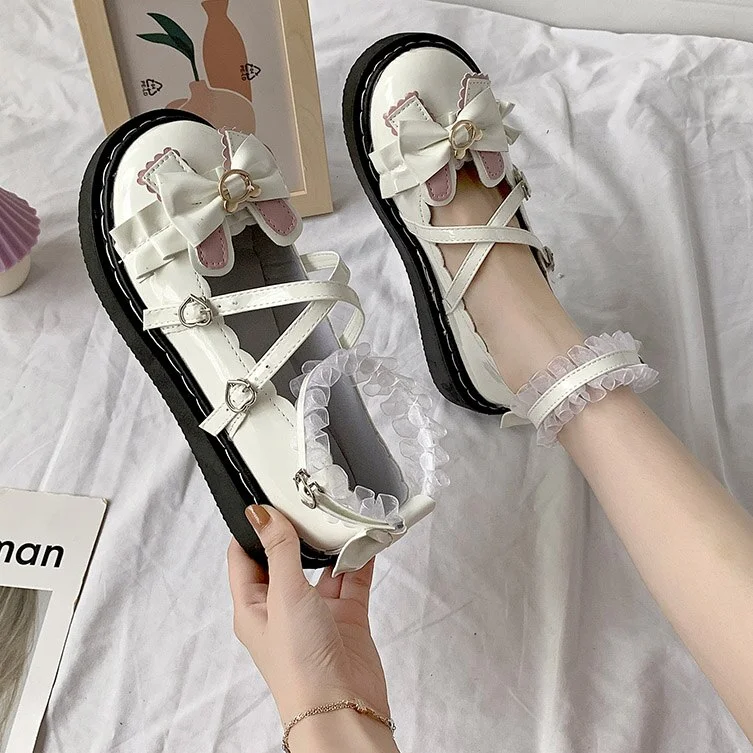 Qengg lolita shoes pink white black bow Harajuku shoes women cute shoes korean women shoes round head kawaii shoes students