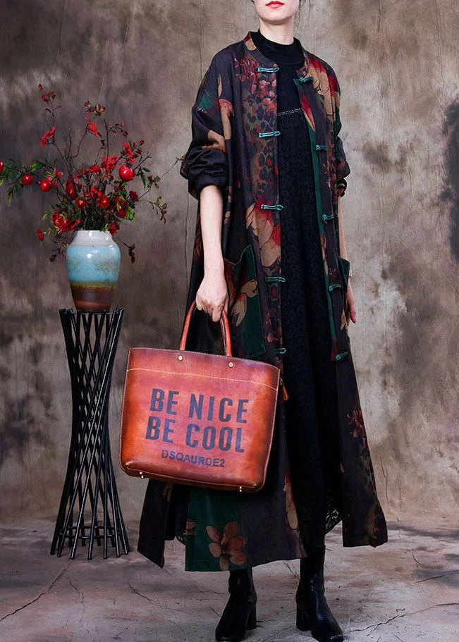 Bohemian Green Print Patchwork Side Open Oriental Button Cotton Trench Coat Long Sleeve