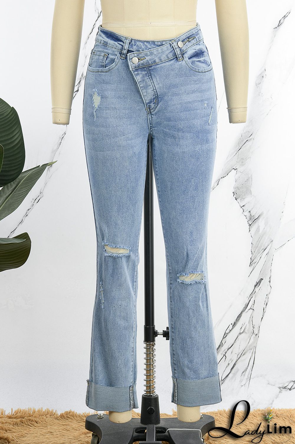 Light Blue Street Solid Ripped Patchwork High Waist Denim Jeans