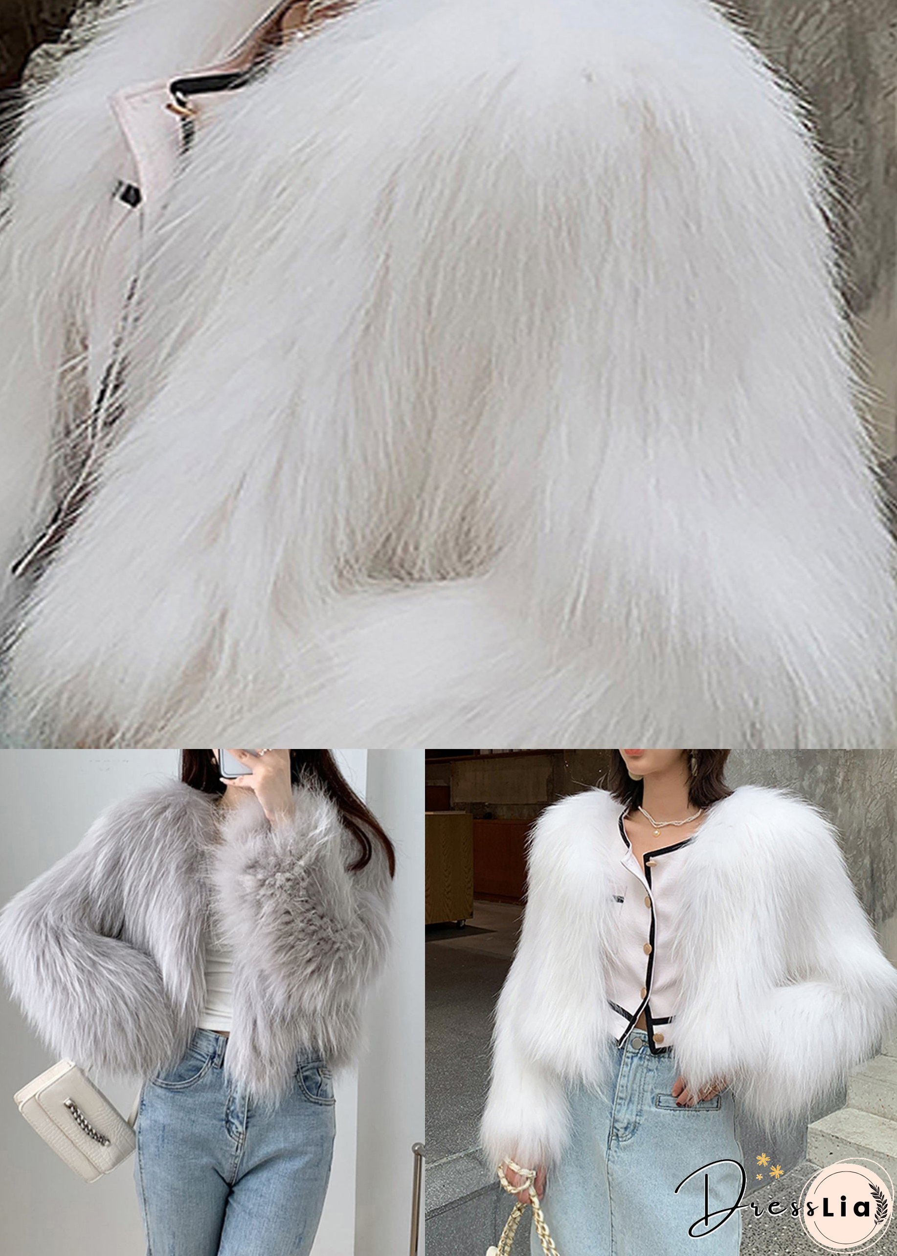 Light Grey Patchwork Faux Fur Coat V Neck Winter