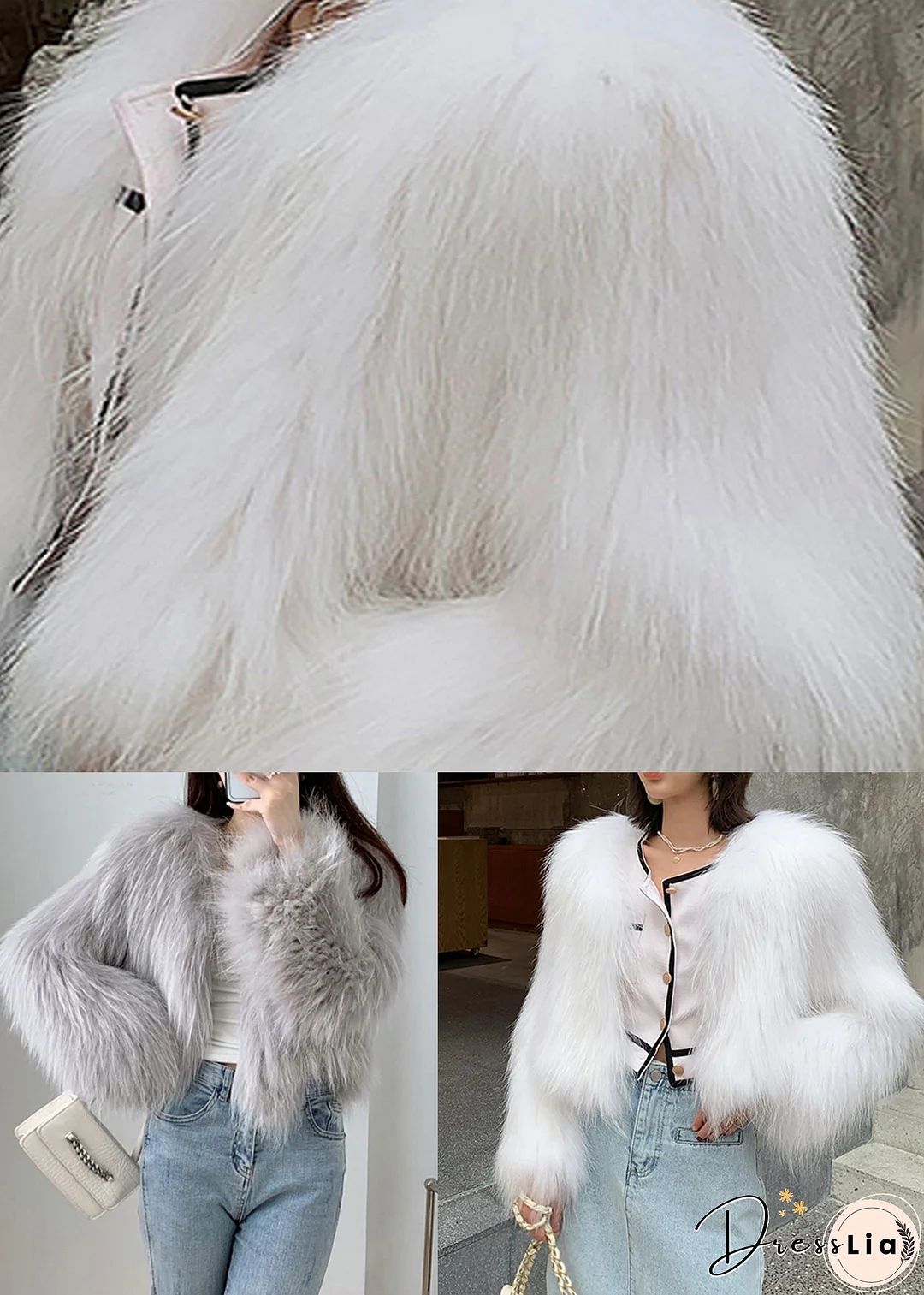 Light Grey Patchwork Faux Fur Coat V Neck Winter