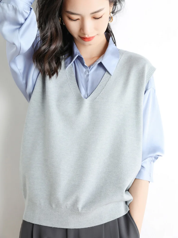 Churchf Churchf Blend 2024 Autumn / Winter New Ladies Loose V-Neck Solid Color Short Cover Vest Knit Vest Vest