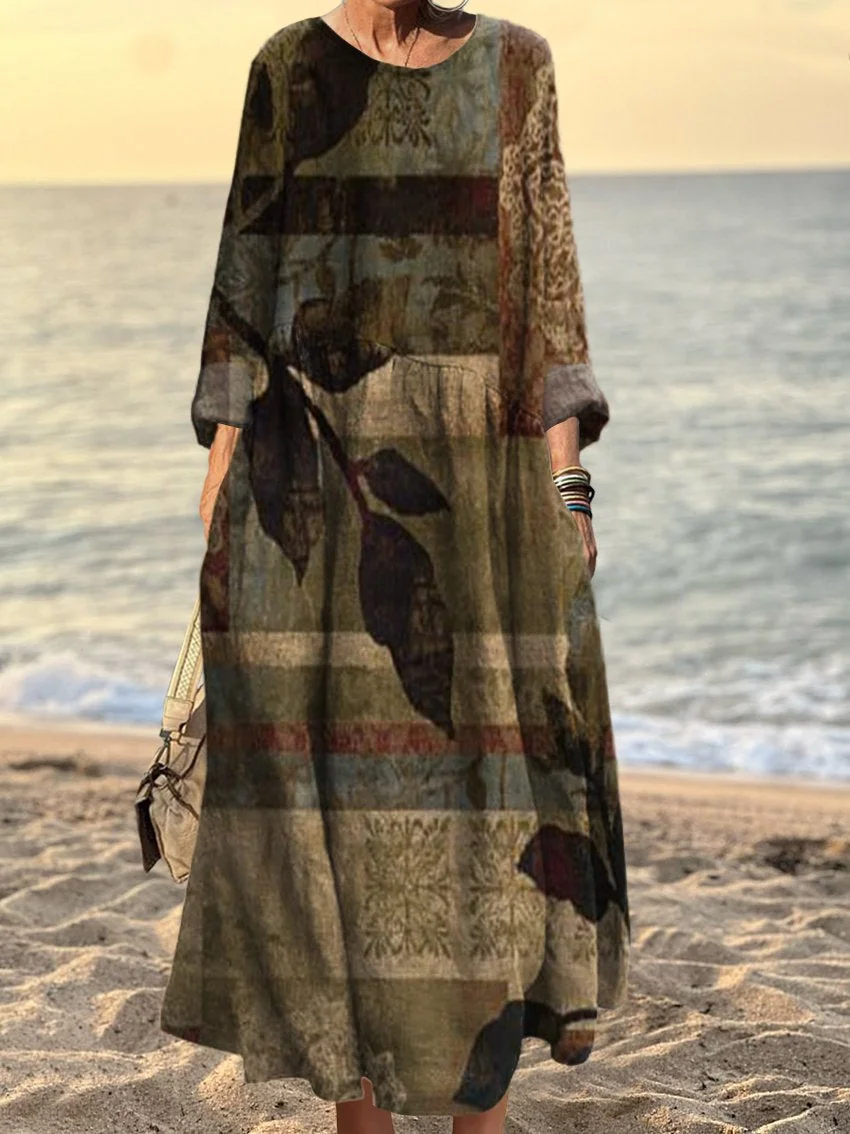 Women's Vintage Foliage Patchwork Art Print Dress