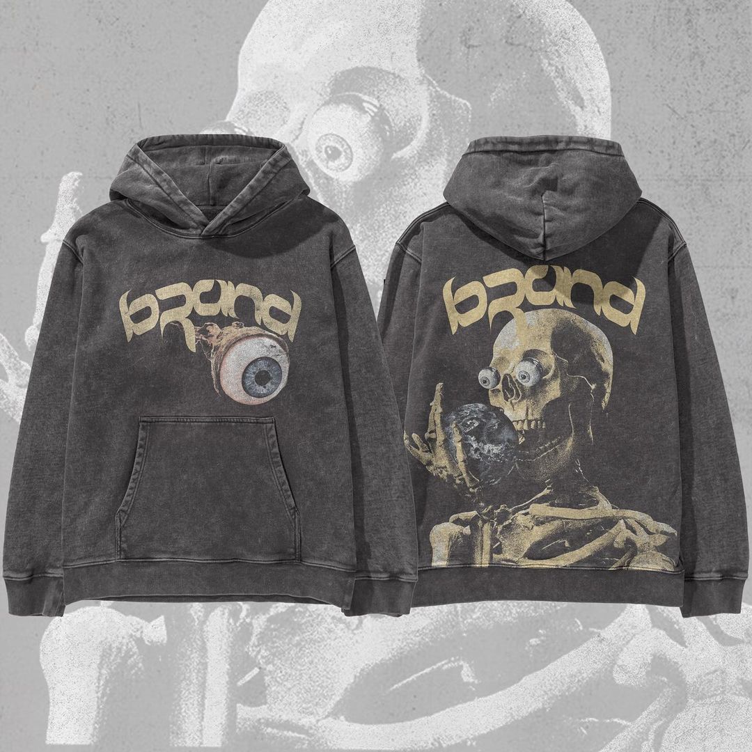 Loveciss Street Skull Eyeball Print Washed Hooded Sweatshirt