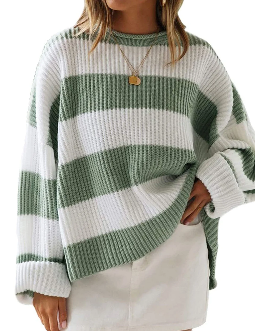 Churchf Churchf Temperament Round Collar Long Sleeve Sweater Women's Autumn And Winter New Stripe Loose Casual Sweater Jacket Female