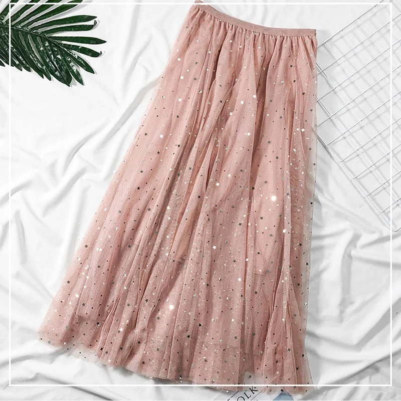 Zoki Elegant Korean Women Tulle Skirt Fashion Sequin Star Summer Mesh Ladies Long Skirt Elastic High Waist Party White Skirt