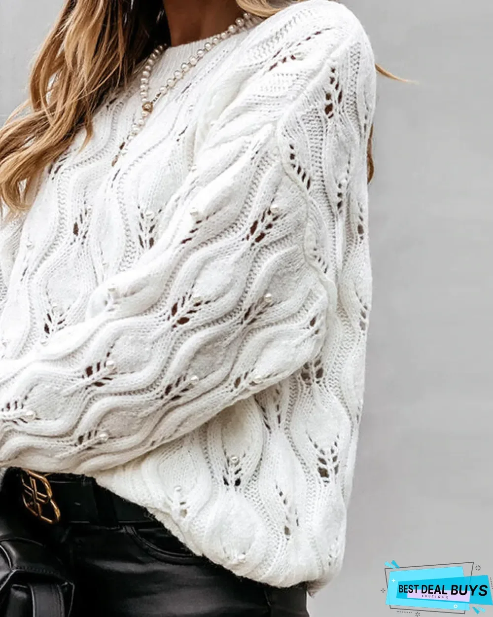 Pearls Decor Drop Shoulder Open Knit Sweater