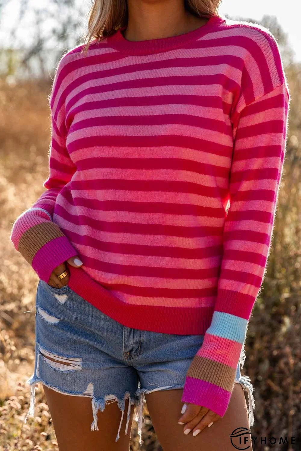 Rose Striped Long Sleeve Pullover Sweater | IFYHOME
