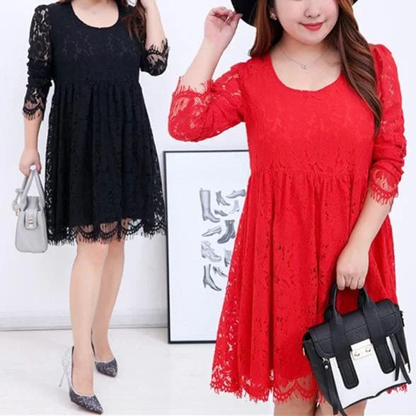 XL/2XL/3XL White/Black Elegant Long-sleeved Lace Dress SP165599