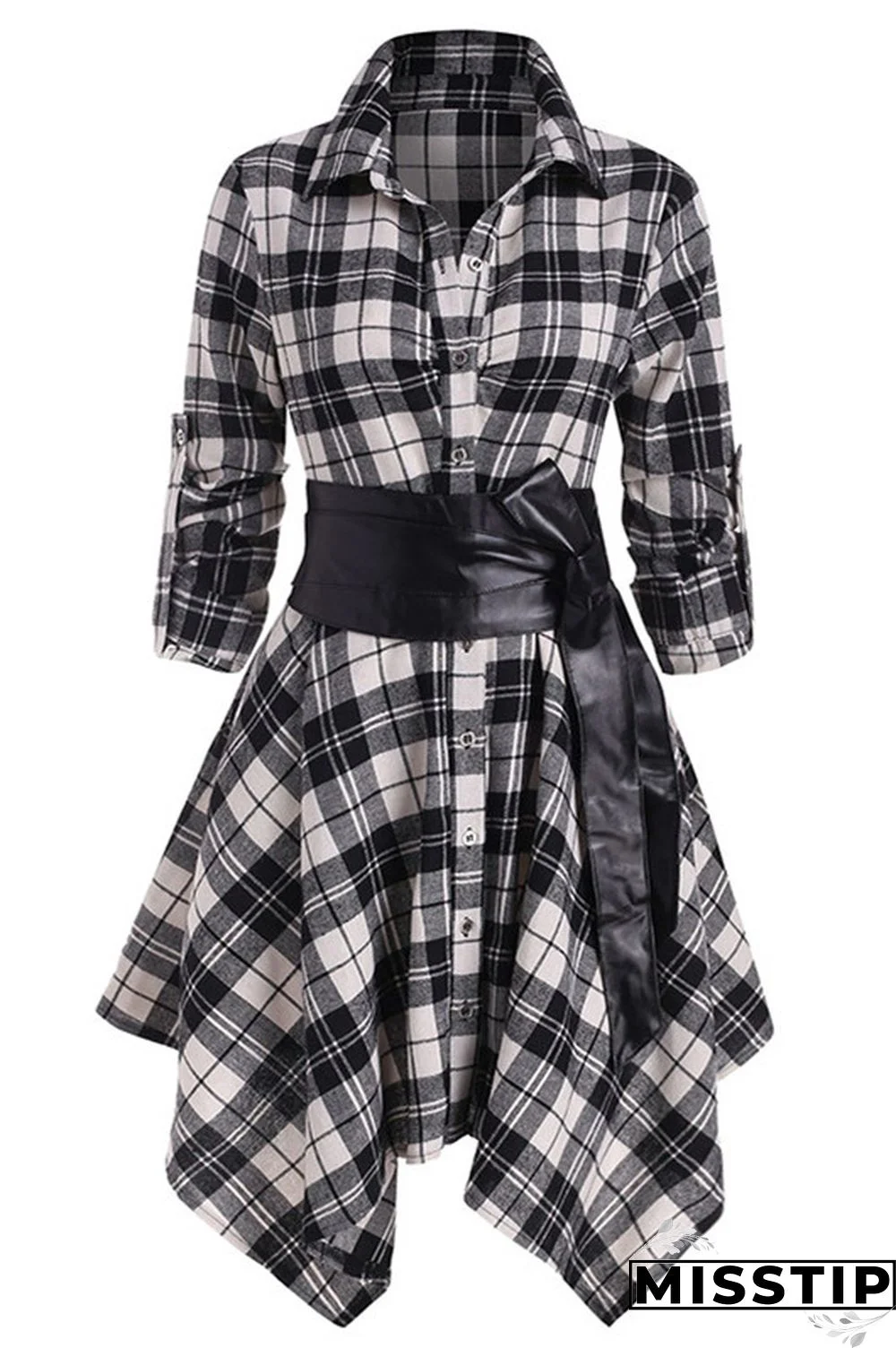 Black Fashion Casual Plaid Print With Belt Turndown Collar Irregular Dress