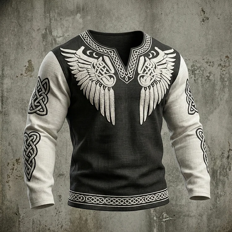 Men's Viking Tribal Jacquard Celtic With Wings Inspired Art Casual Linen Tops
