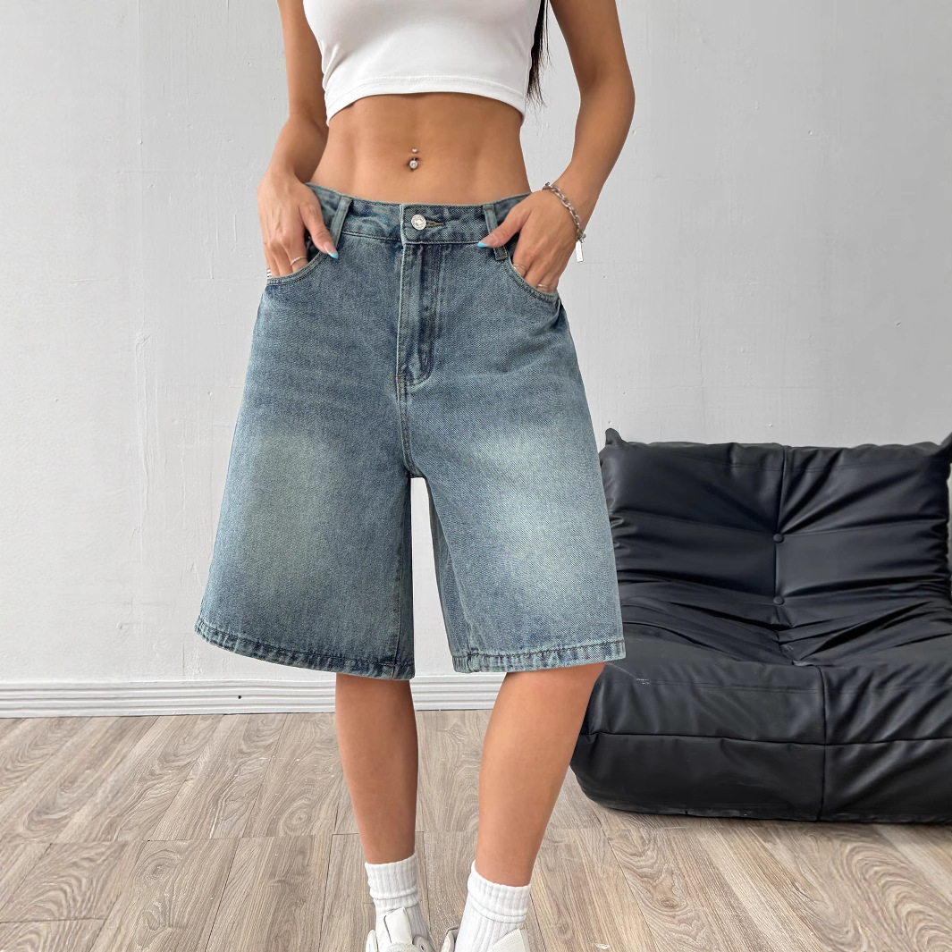 Women&rsquo;s Mid Waist Washed Straight Leg Denim Bermuda Shorts