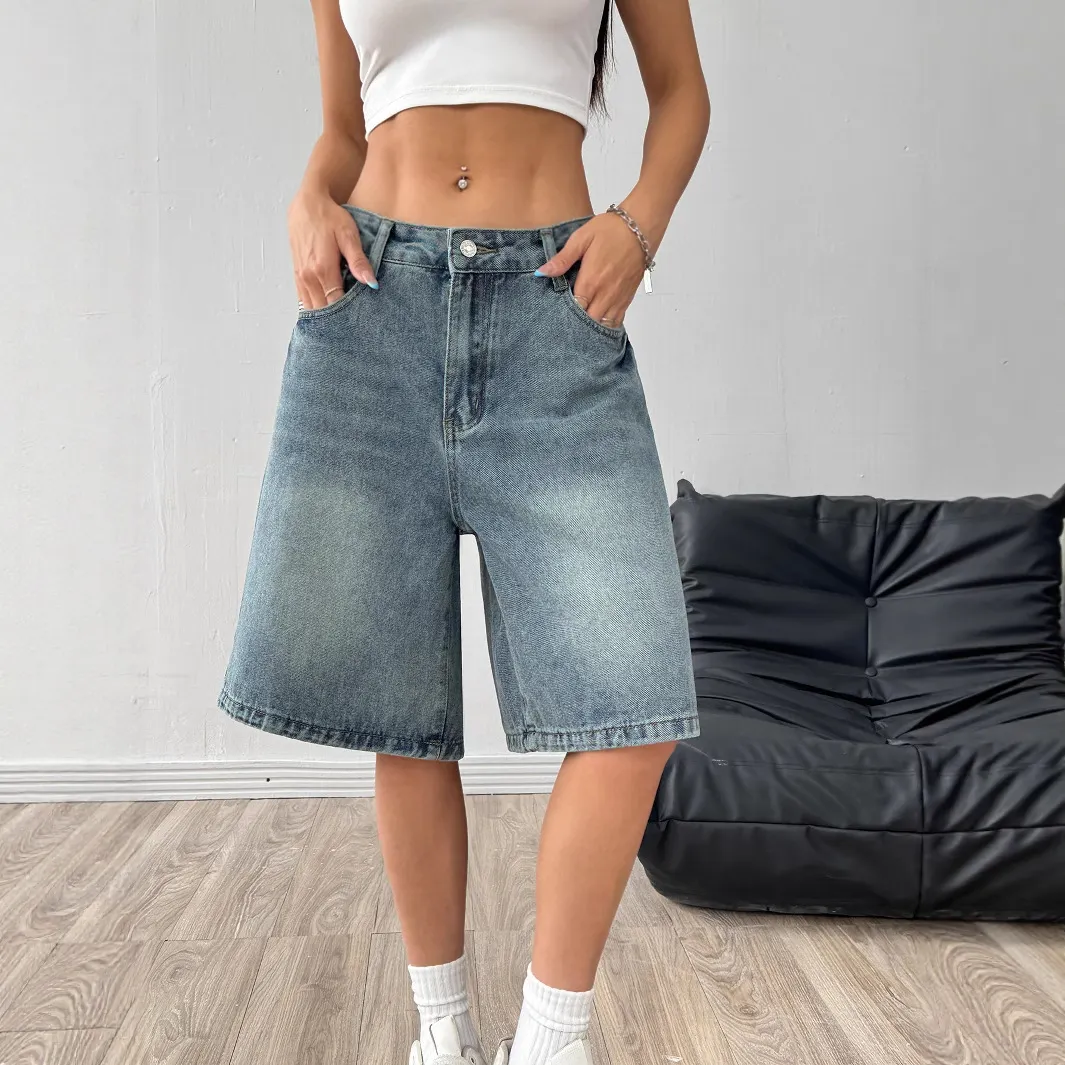 Women&rsquo;s Mid Waist Washed Straight Leg Denim Bermuda Shorts