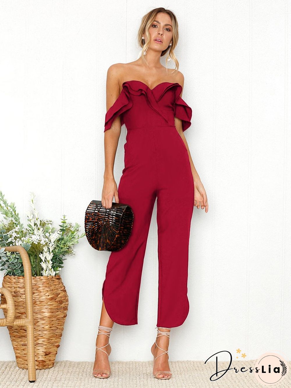 Black Sleeveless Plain Casual Off Shoulder Zip Back Jumpsuit