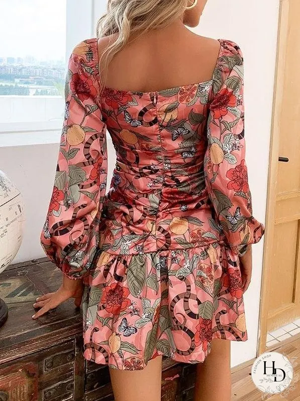 Drawstring Knot Floral & Butterfly Dress for Women