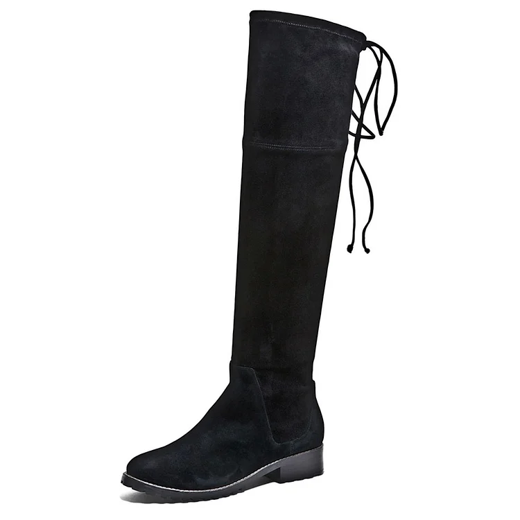 Black Round Toe Flats Long Boots Vegan Suede Knee-high Boots |FSJ Shoes