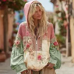 Women's Floral Embroidery Color Block Boho Casual Zip-up Hoodie - Image 5