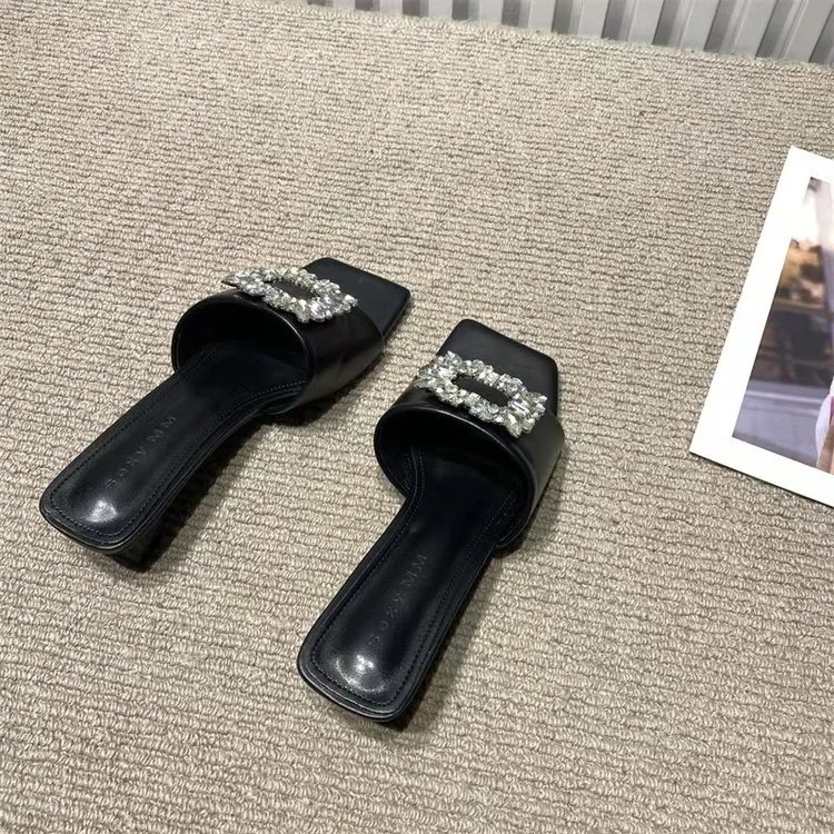 Wongn Wongn Summer New Fashion Rhinestone Square Button One-Word Women's Shoes With Cool Slippers Female