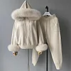 Jxwatcher Women's Sweater Set Real Fox Fur Collar and Cuffs Wool Blend Hooded Knitted Tops Ladies Autumn Fashion Pullover Female