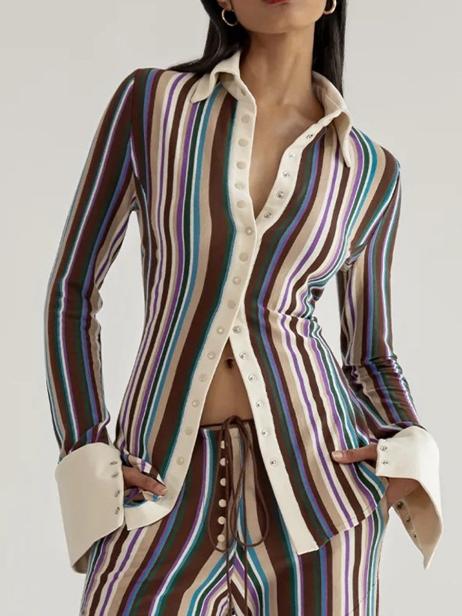 Turndown Collar Striped Long Sleeve Blouses
