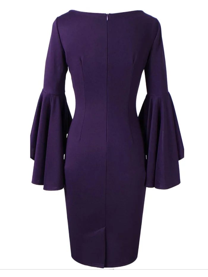 Round Neck Ruffle Sleeve Solid Color Dress