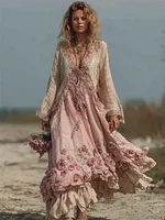 Vintage Pink Roses Flowy Linen Maxi Dress