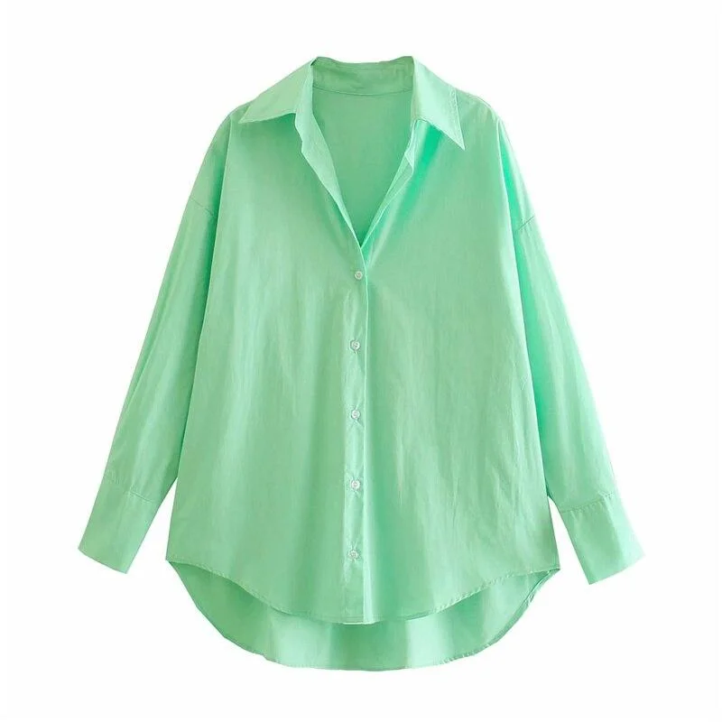 PUWD Casual Woman Green Long Sleeve Loose Cotton Shirt 2021 Spring Fashion Female Soft Button Shirts Ladies Chic Oversized Tops