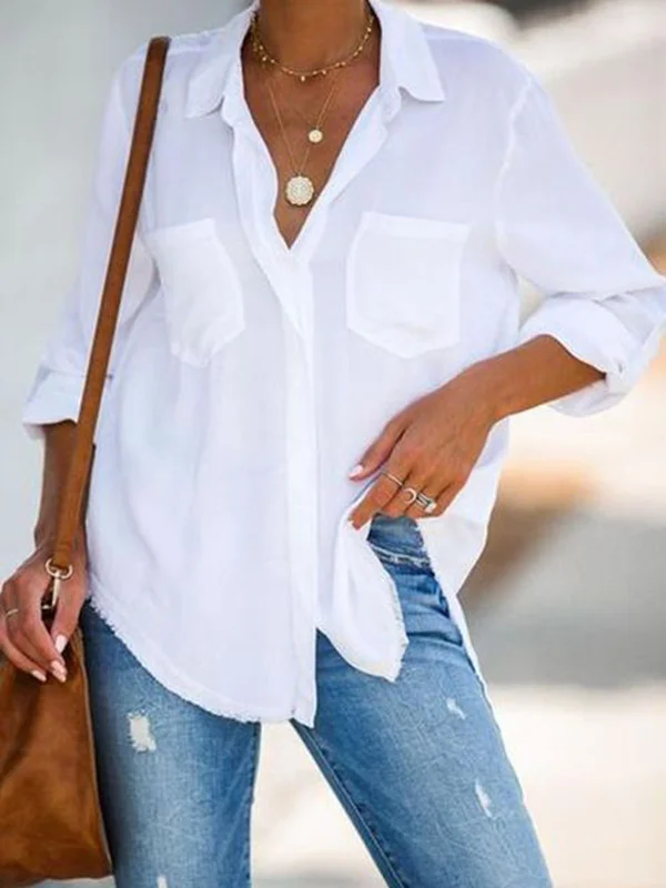 Urban White Lapel Long Sleeves Blouse